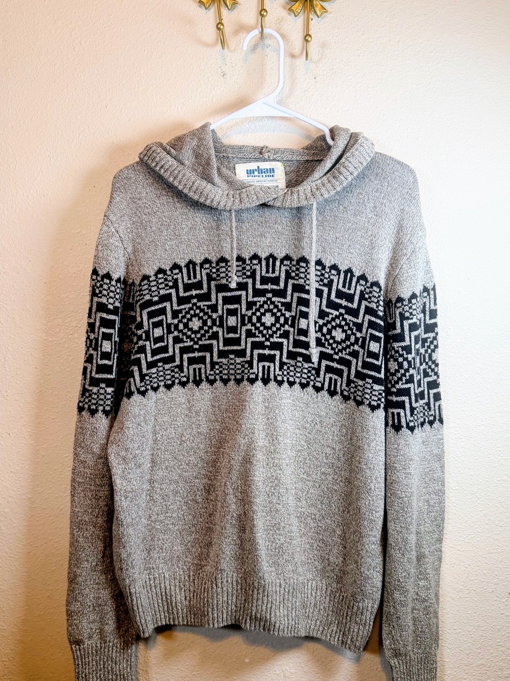 urban pipeline Heathered Taupe Crewneck Hoodie with Black Geometric Fair Isle. M
